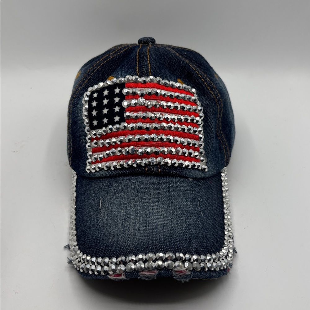Embellished Denim Cap with Flag Design Fourth of July